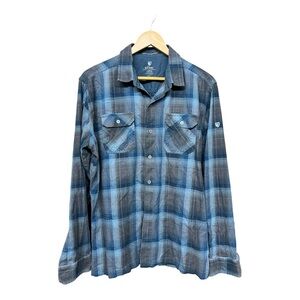 Kuhl Men Blue Plaid Button Down Shirt Size Large Outdoor Travel Casual